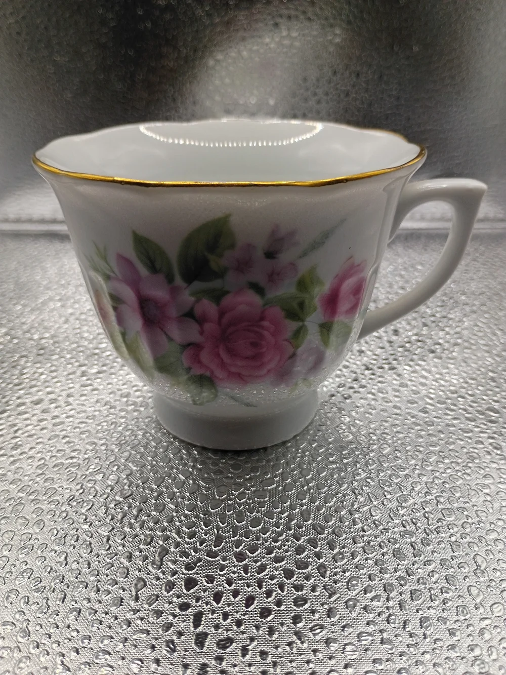 Fine Porcelain Pink Rose China Teacup with Gold Rim